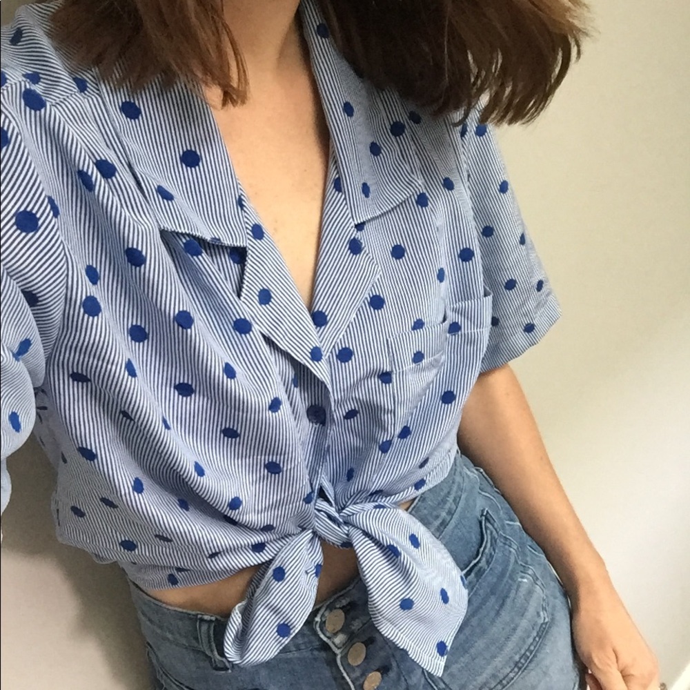 Vintage polka dot stripe button down tie top